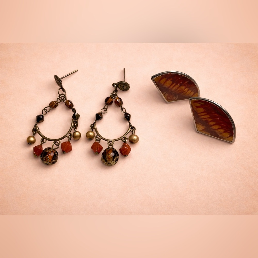 Vintage Y2K Bohemian Earth Tone Earring Set 2 Pair Dangle & Geometric Stud
